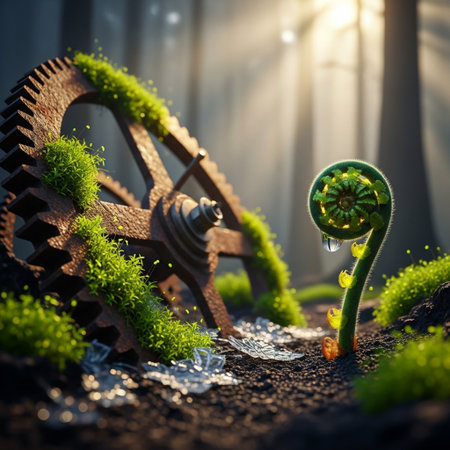 Fantasy scene with fern and gear wheel. 3d renderingの素材