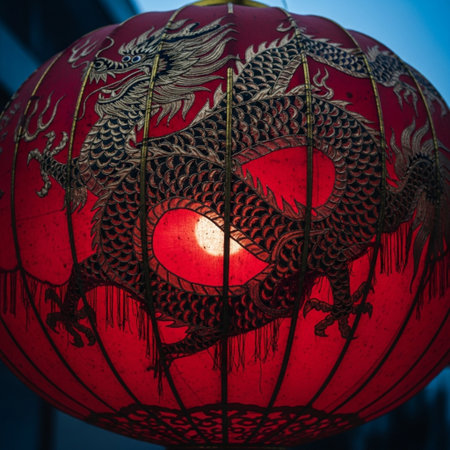 Close up of a red Chinese lantern with a dragon pattern on itの素材