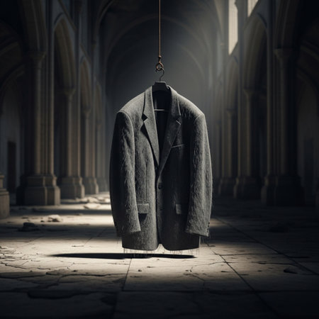 Mens coat hanging on a hook in an old church. 3d renderingの素材