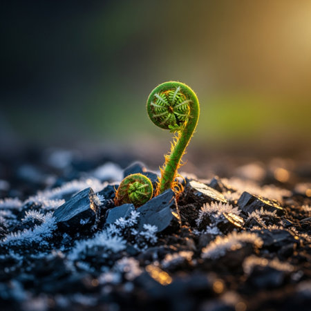 Young sprout of a fern growing from the ground in the sunの素材