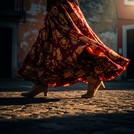 Woman in traditional dress walking on the street in the old town.の素材