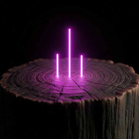 Neon lights on a tree stump, 3d rendering. Computer digital drawing.の素材
