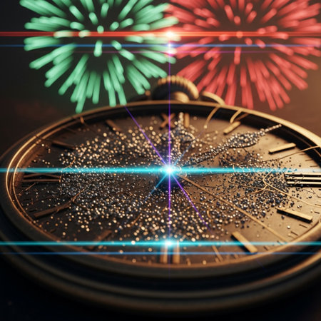 Vintage clock with fireworks on background. Time concept. 3D renderingの素材