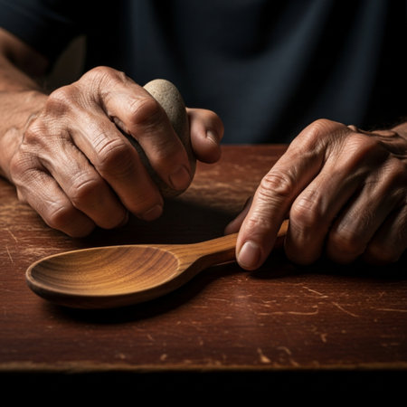 Hands of a caucasian man cleaning a wooden spoon with a spongeの素材