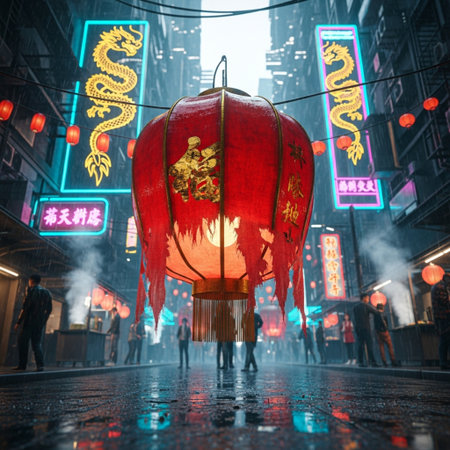 Red lanterns on a rainy day in Hong Kong.の素材