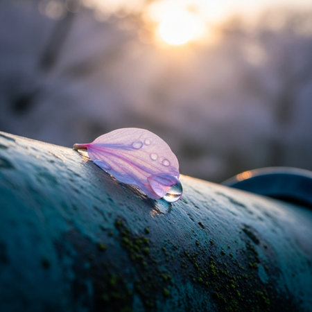 Raindrops on a flower petal in the rays of the setting sunの素材