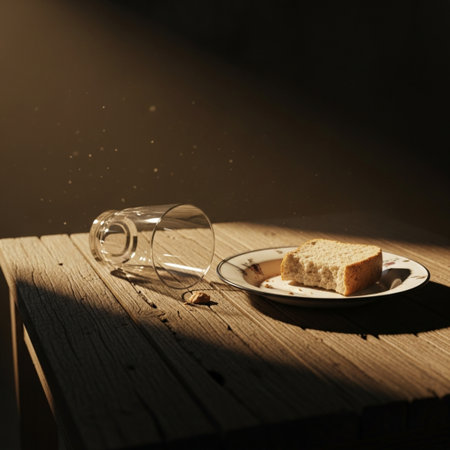 Breakfast with toast and a glass of water on a wooden tableの素材