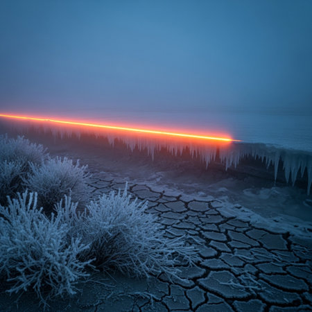 Fantasy landscape with frozen lake and icicles. 3d renderの素材