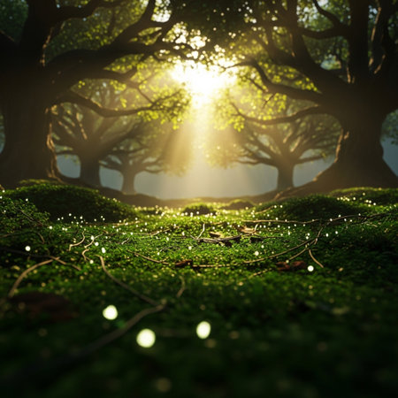 Fantasy forest with light rays and magic fog. 3D renderingの素材