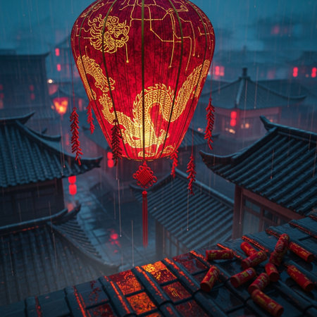 Chinese lanterns on the roof of a Chinese house in the nightの素材
