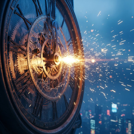 Close-up of clock face with sparks and blurred city at backgroundの素材
