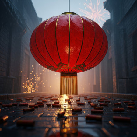 3d rendering of Chinese lanterns floating in the air with city backgroundの素材