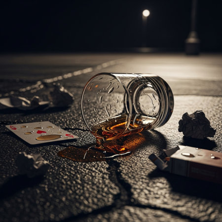 Glass of whiskey on the floor with chips and broken glass. Alcohol addiction concept.の素材