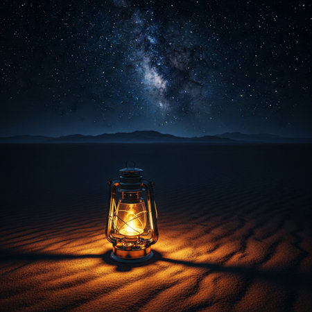 Lantern in desert with starry sky. 3d renderingの素材