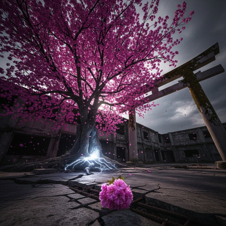 Beautiful pink cherry blossom tree in the old city at nightの素材