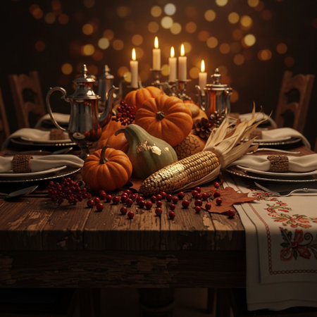 Thanksgiving table setting with pumpkins and corn on wooden table.の素材