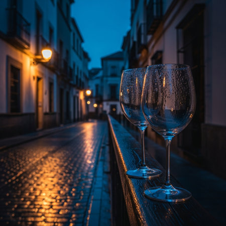 Two glasses of wine on the street at night, Prague, Czech Republicの素材