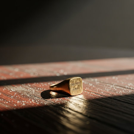 Gold ring on a wooden table. Selective focus. Shallow depth of fieldの素材