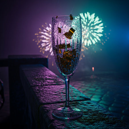New Year or Christmas party concept. Champagne glass with gold bars and fireworks on dark background. Selective focusの素材