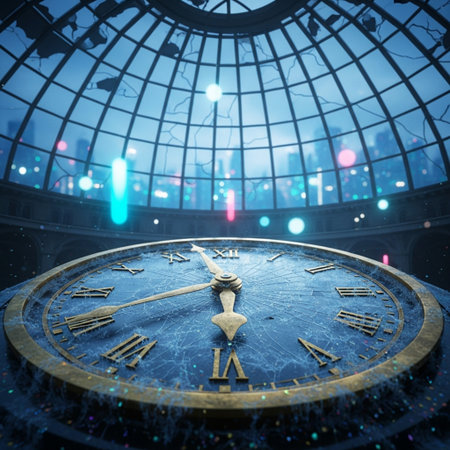 3D rendering of a glass dome with a clock face in the backgroundの素材