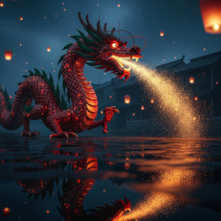 Chinese dragon with firecracker in the night,3d renderingの素材