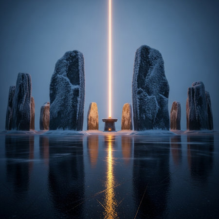 A vertical shot of a light beam above some rocks in the snowの素材