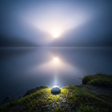 Beautiful sunrise over a lake with a stone in the foreground.の素材