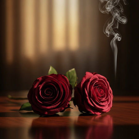 Two red roses with smoke on a wooden table and a curtain backgroundの素材