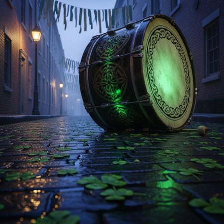 Traditional beer barrel on a cobblestone street in the old city at night.の素材