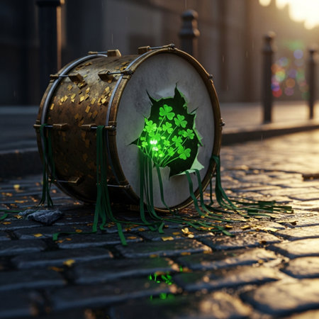 Drum on the street at night with green leaves. 3d renderingの素材