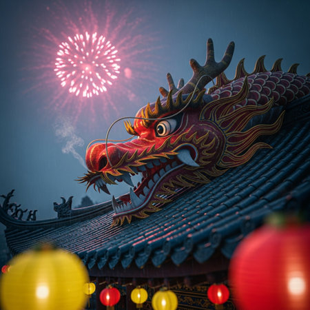 Chinese dragon statue with fireworks in the background, closeup of photoの素材