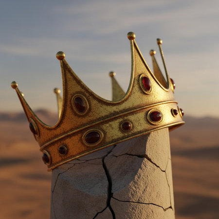 low angle view of golden king crown on stone pillar in the desertの素材