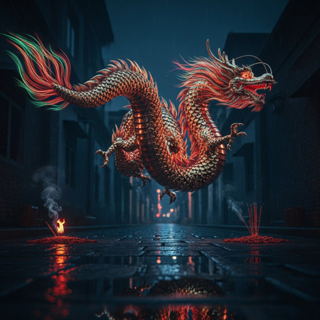 Chinese dragon in the city at night. 3D rendering and illustration.の素材