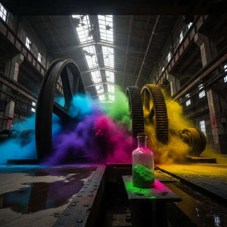 Grunge industrial background with colorful smoke. 3D rendering.の素材