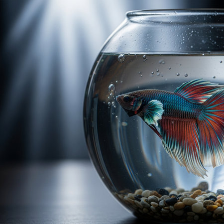 Siamese fighting fish in a bowl on a black background.の素材