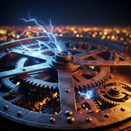 Conceptual image with lightning and gear mechanism. 3D renderingの素材