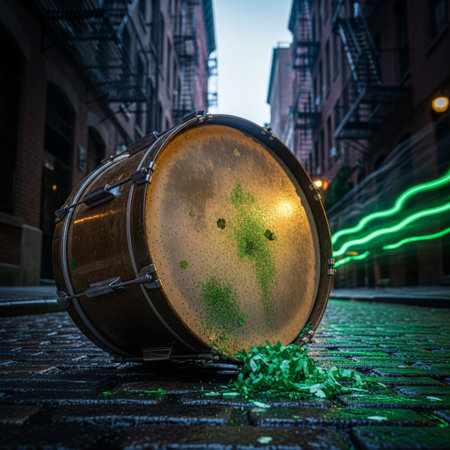 Drum with green moss in the city at night. 3d renderingの素材