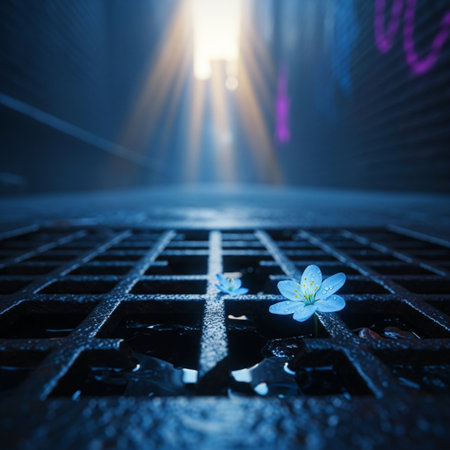 Blue spring flower on a metal grate in the street at night.の素材