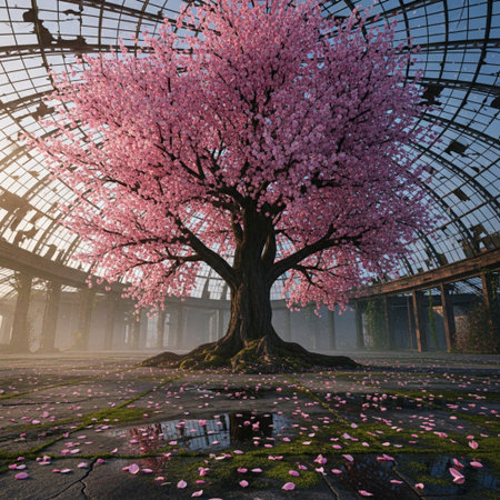 3D render of a huge cherry tree with pink flowers in a greenhouseの素材