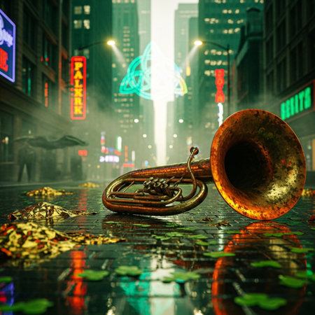 Old brass trumpet on a city street at night. 3d renderingの素材