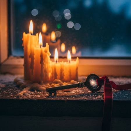 Key with red ribbon and burning candles on the windowsill in winterの素材