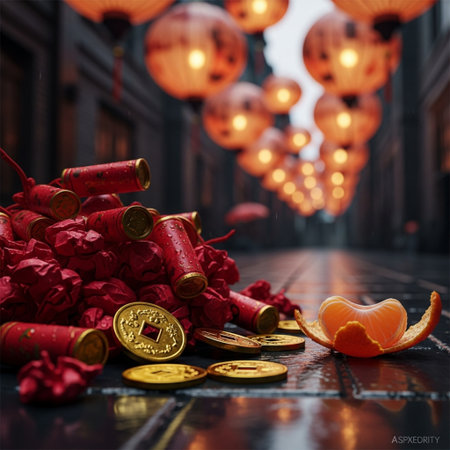 Chinese New Year concept. Red lanterns, coins, tangerines and tangerines on the street.の素材