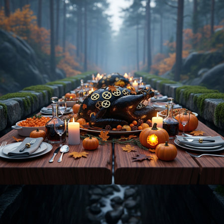 Thanksgiving dinner with roasted turkey, pumpkins, candles and autumn leavesの素材