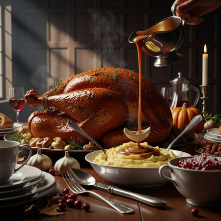 Thanksgiving dinner with roasted turkey, mashed potatoes and gravy on wooden tableの素材