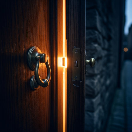Wooden door at night, close-up. Selective focus.の素材