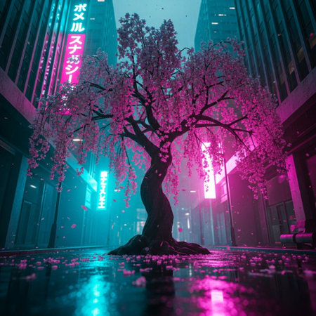 Cherry blossom in the city at night, 3D renderingの素材