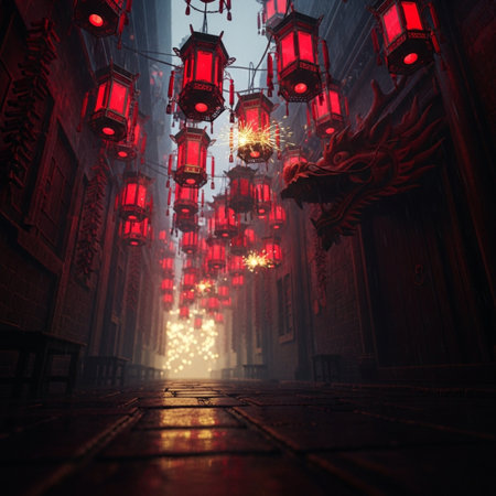 Chinese lanterns in the ancient city. 3D rendering. Vintage style.の素材