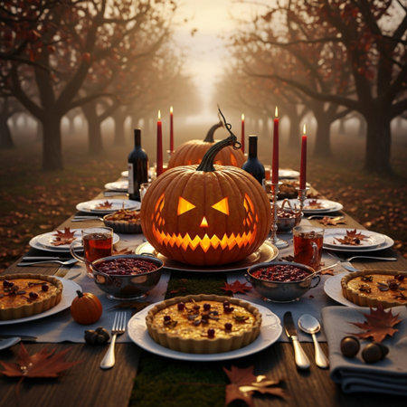Halloween table setting with pumpkins and candles. 3D renderingの素材