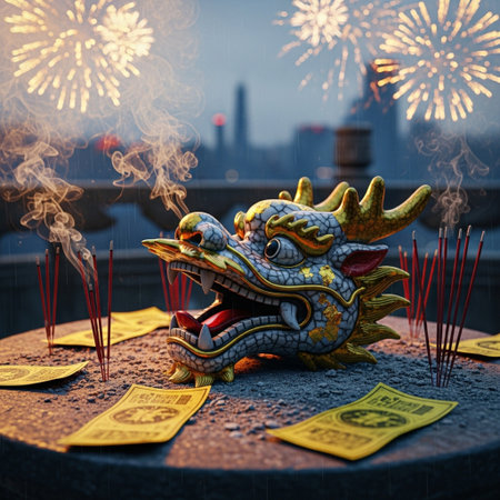 Chinese dragon statue and fireworks in the background, Chinese New Year conceptの素材