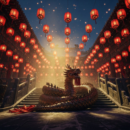 Chinese dragon in the chinese temple at night,3d renderingの素材
